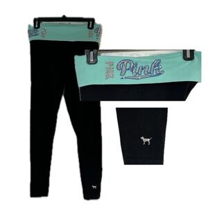 Y2K Pink Victorias Secret Sz Small Blue Fold Over Yoga Leggings Sequin Dog Logo